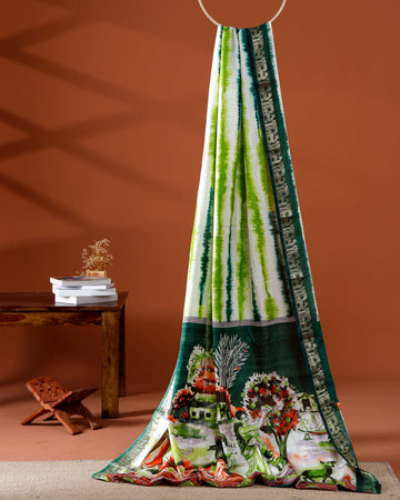 Elegant green shades and the rural scenic artwork Dola Saree