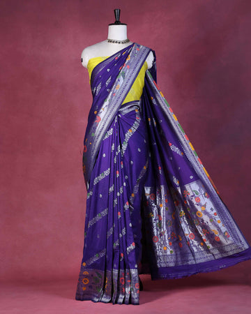 Elegant Banarasi Semi Silk Saree with Butta Motifs Floral Zari Woven Border and Traditional Contrast Pallu Design - Purple