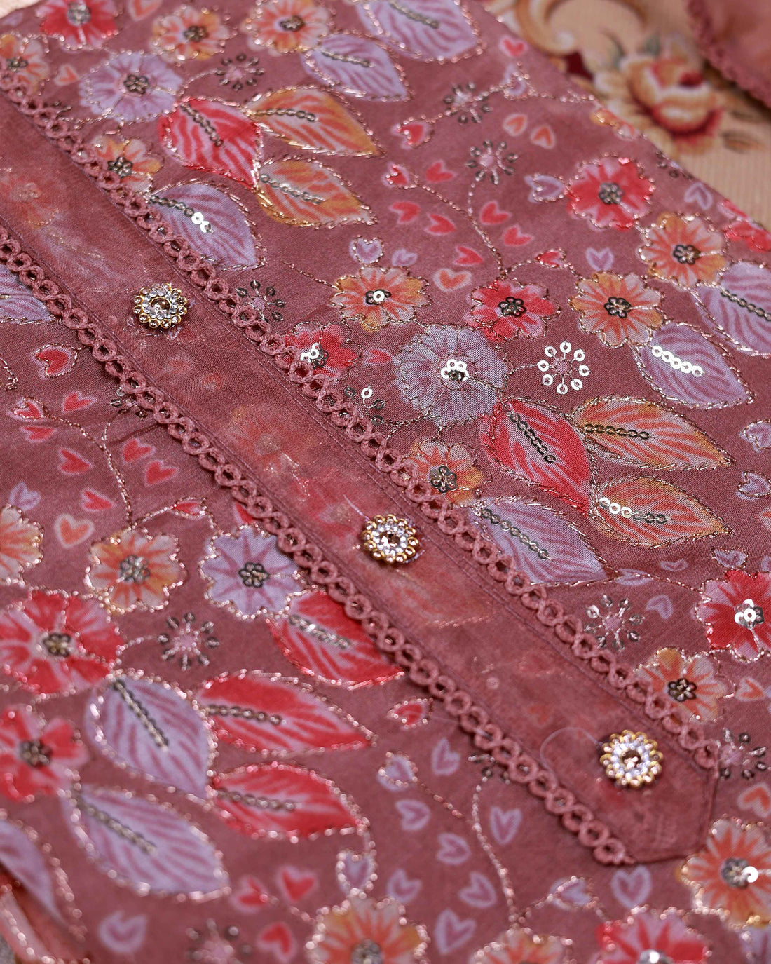 Women's Floral Embroidered Salwar Suit Material with Beaded Neckline and Net Dupatta - Brown