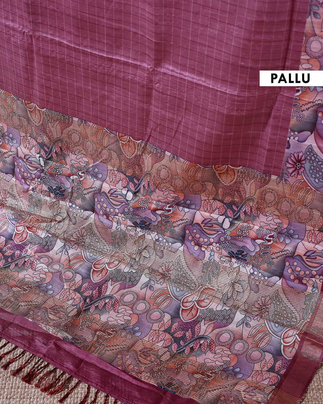 Elegant Semi Cotton Saree with Subtle Checkered Weave and Artistic Floral Patterned Border - Pink