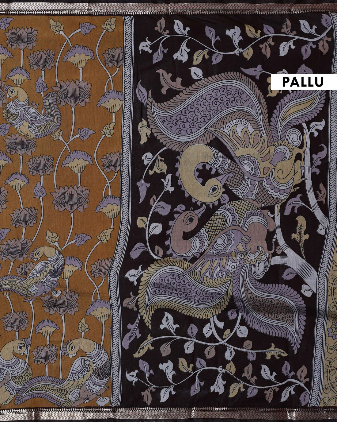 Elegant Semi Chanderi Saree with Traditional Kalamkari Handcrafted Motifs and Intricate Zari Border -  Mustard Yellow