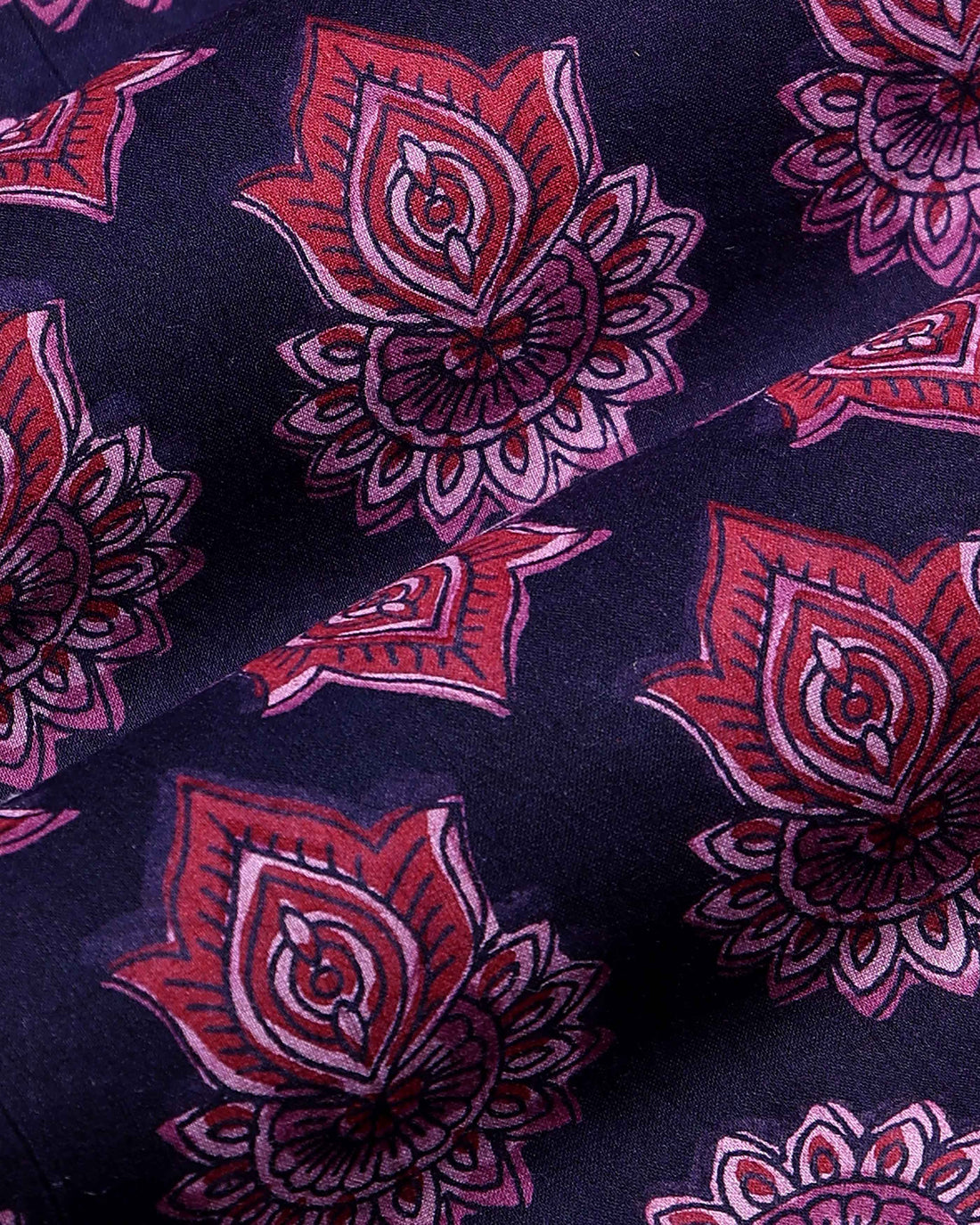 Women’s Handloom Cotton 1 Meter Blouse Material with Traditional Floral Block Print Pattern - Navy Blue