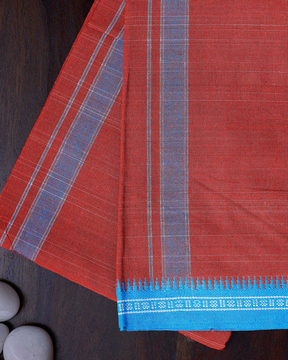 Men's Traditional Cotton Dhoti with Striped Blue Border and Contrast  - Red