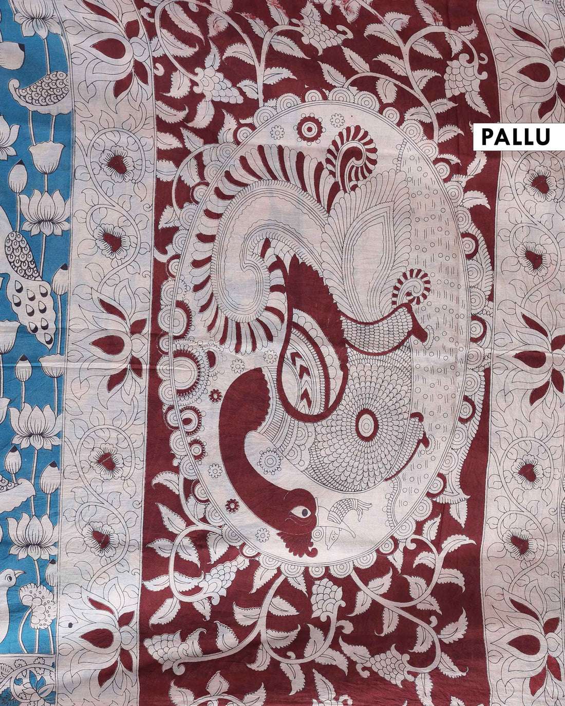 Handloom Kalamkari Cotton Saree with Traditional Bird & Lotus Motif - Blue