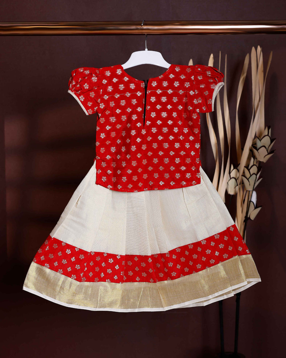Kids Readymade Pattu Pavadai Set with Traditional Motifs - Red