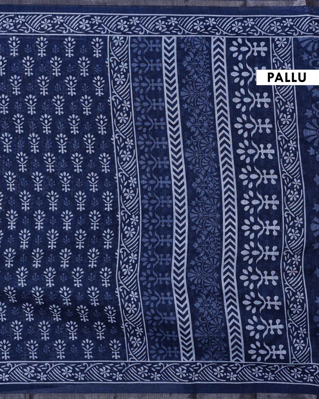 “Elegant Navy Blue Linen Saree with White Floral Motifs, Geometric Woven Border and Subtle Tassel Detailing