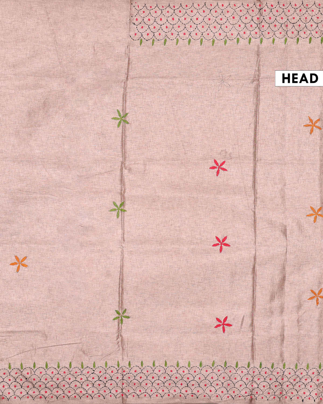 Elegant Hand Embroidered Kantha Work Tussar Saree with Intricate Fish Motif and Scallop Border - Sandal