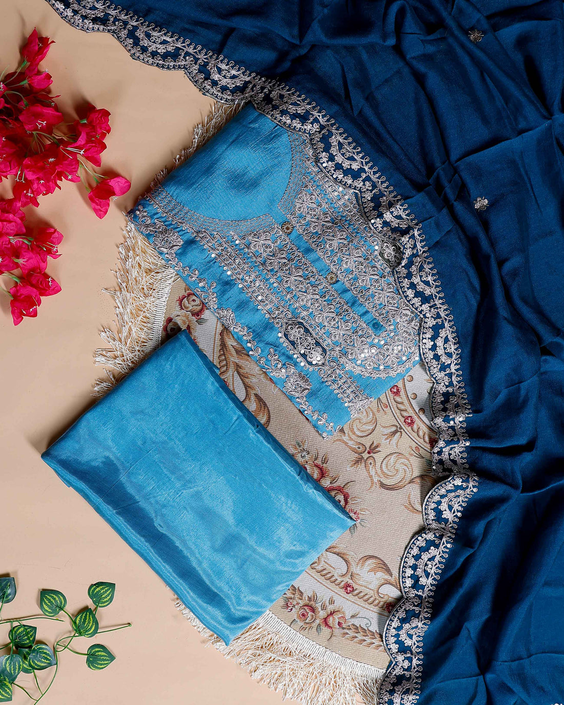 Women's Embroidered Unstitched Salwar Suit Material with Sequins and Scalloped Dupatta Border- Blue