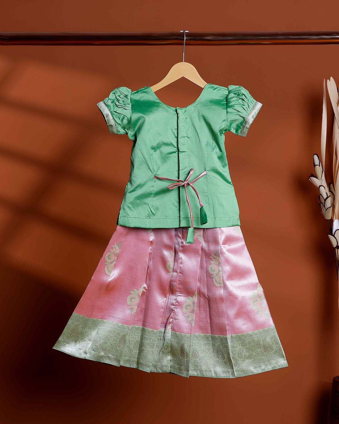 Elegant Kids Readymade Pattu Pavadai with Floral Zari Skirt and Pleated Blouse - Green