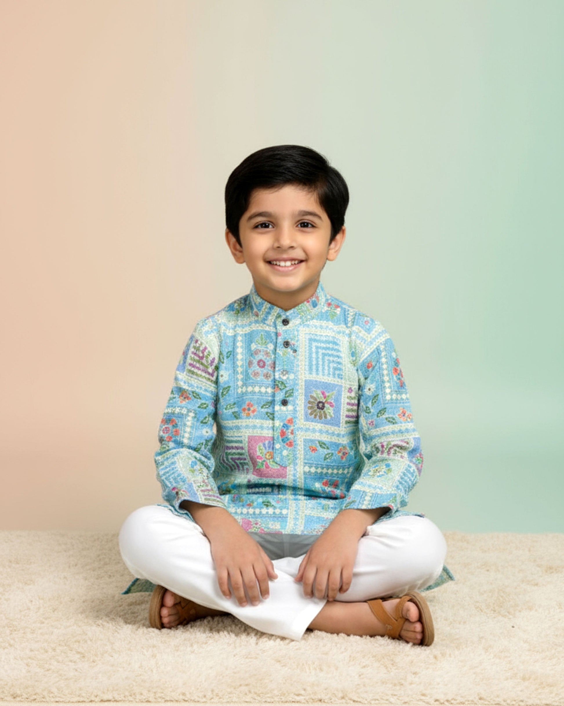 Boys green kurta adorned with traditional Bandhani-inspired patterns in red and gold., Dark Green