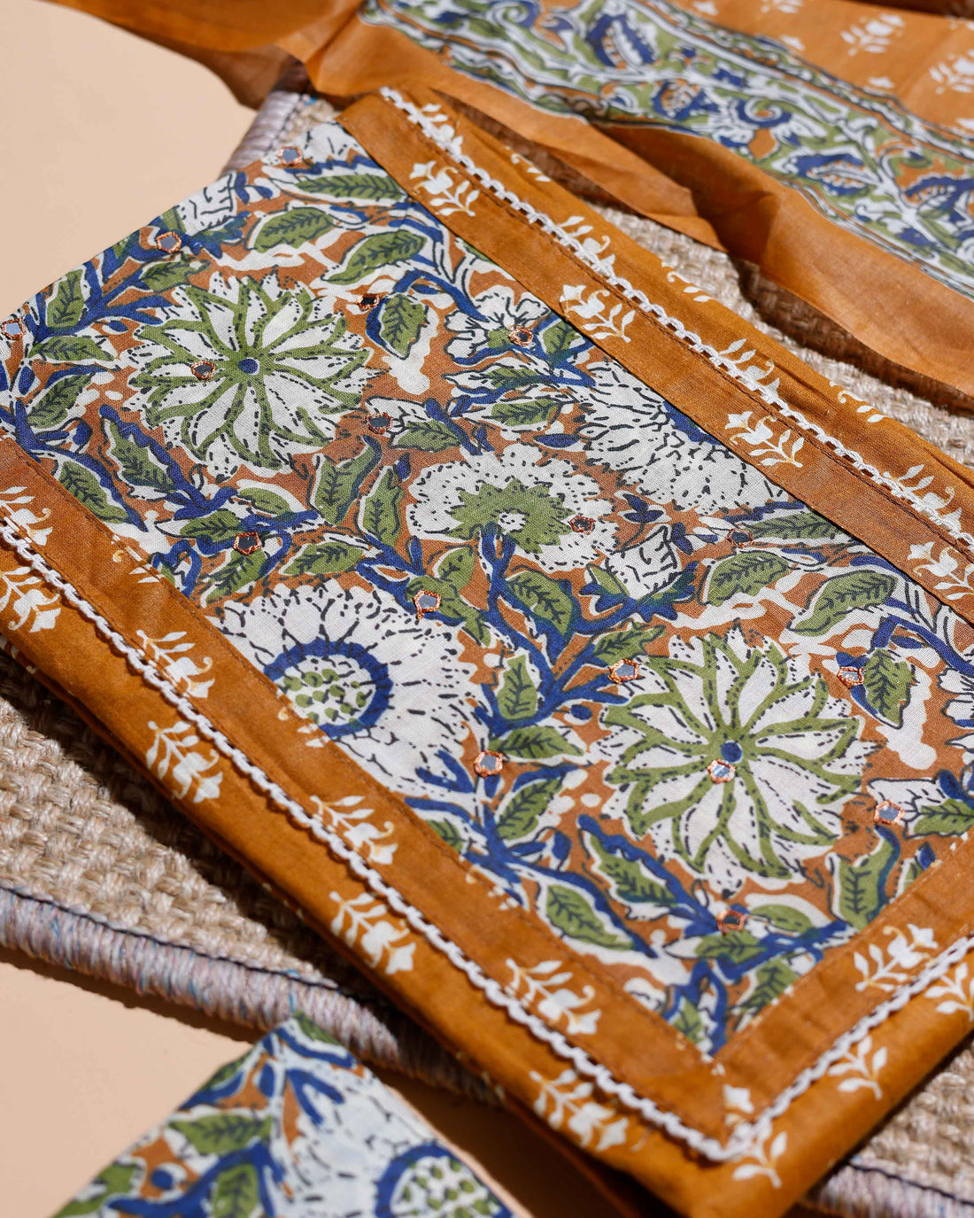 Women's Floral Printed Cotton Salwar Material with Coordinated Bottom and Traditional Border Dupatta - Brown
