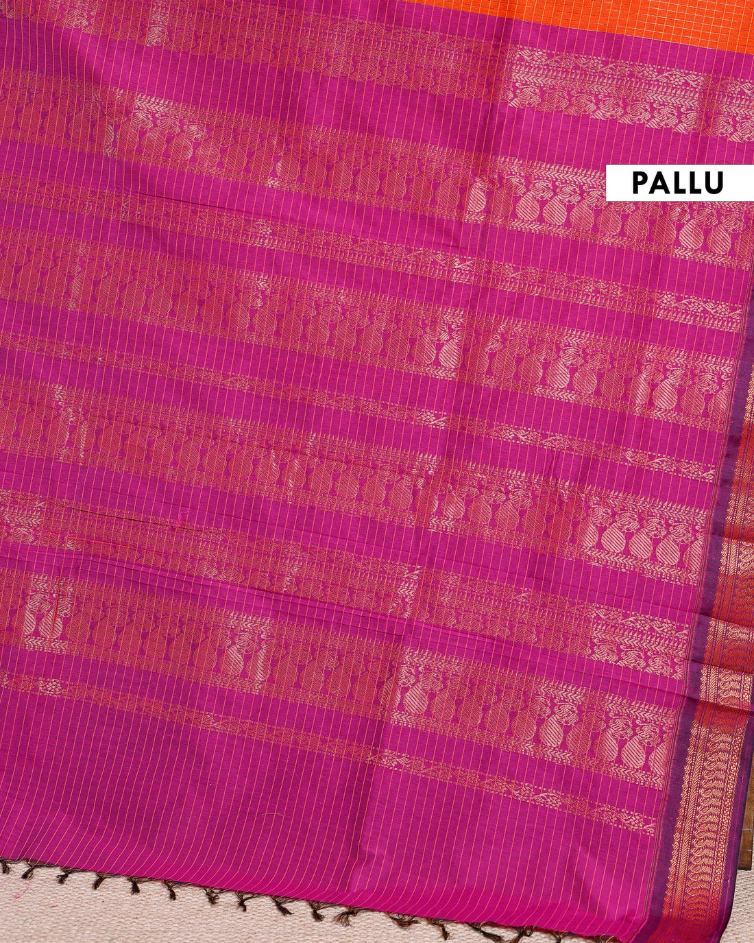 Traditional Kalyani Cotton Saree with All-Over Checks and Ornate Zari Pallu and Border - Orange