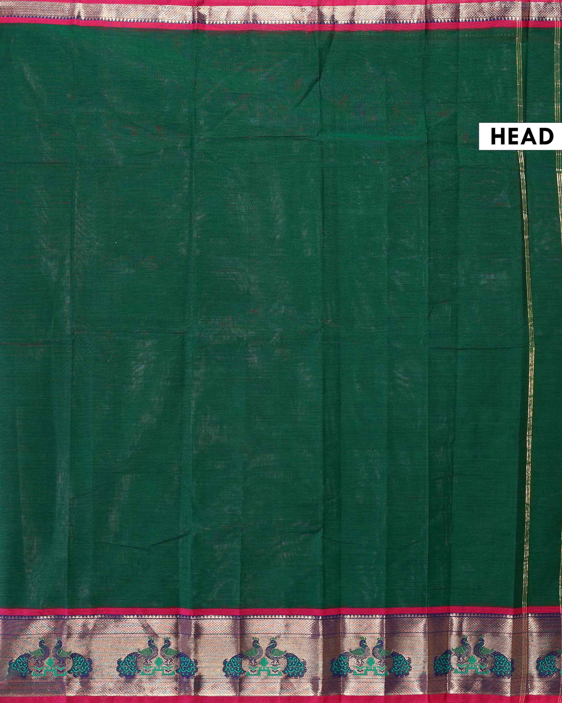 Traditional Handloom Chettinad Cotton Saree with Plain Body and Woven Traditional Motif Contrast Border - Bottle Green