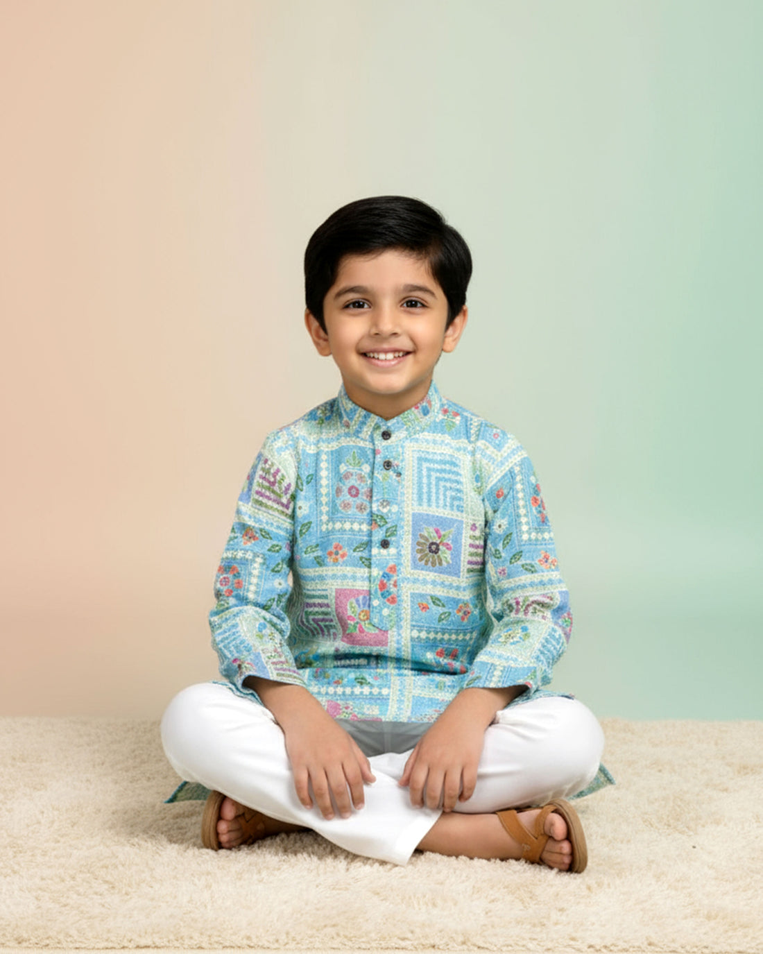Boys Festive  Aqua Blue Kurta Set with Multicolor Geometric Floral Patch Print