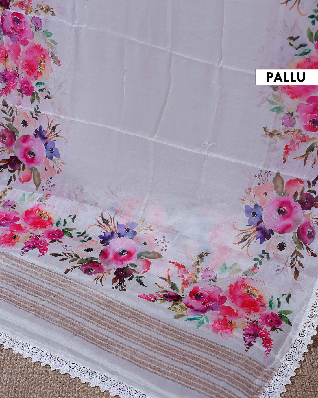 Elegant Georgette Saree with Vibrant Floral Border Prints and Delicate Lace Edging - Cream