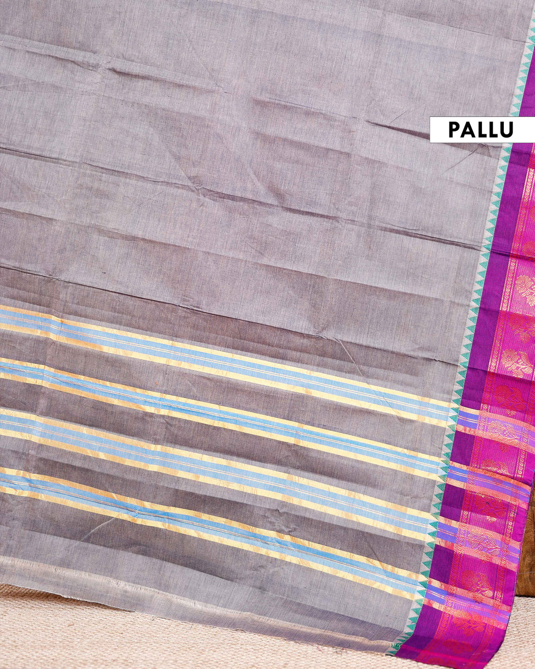 Chettinad Cotton Saree with Traditional Zari Border and Floral Motifs - Grey