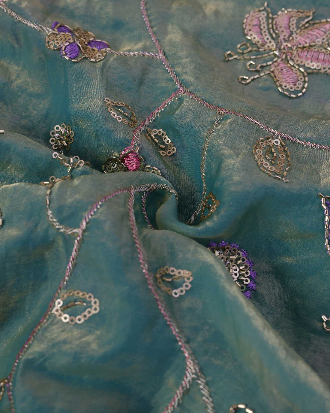 Elegant Women’s Hand Embroidered Blouse Material with Sequin Floral Vine Design and Delicate Threadwork - Sea Green