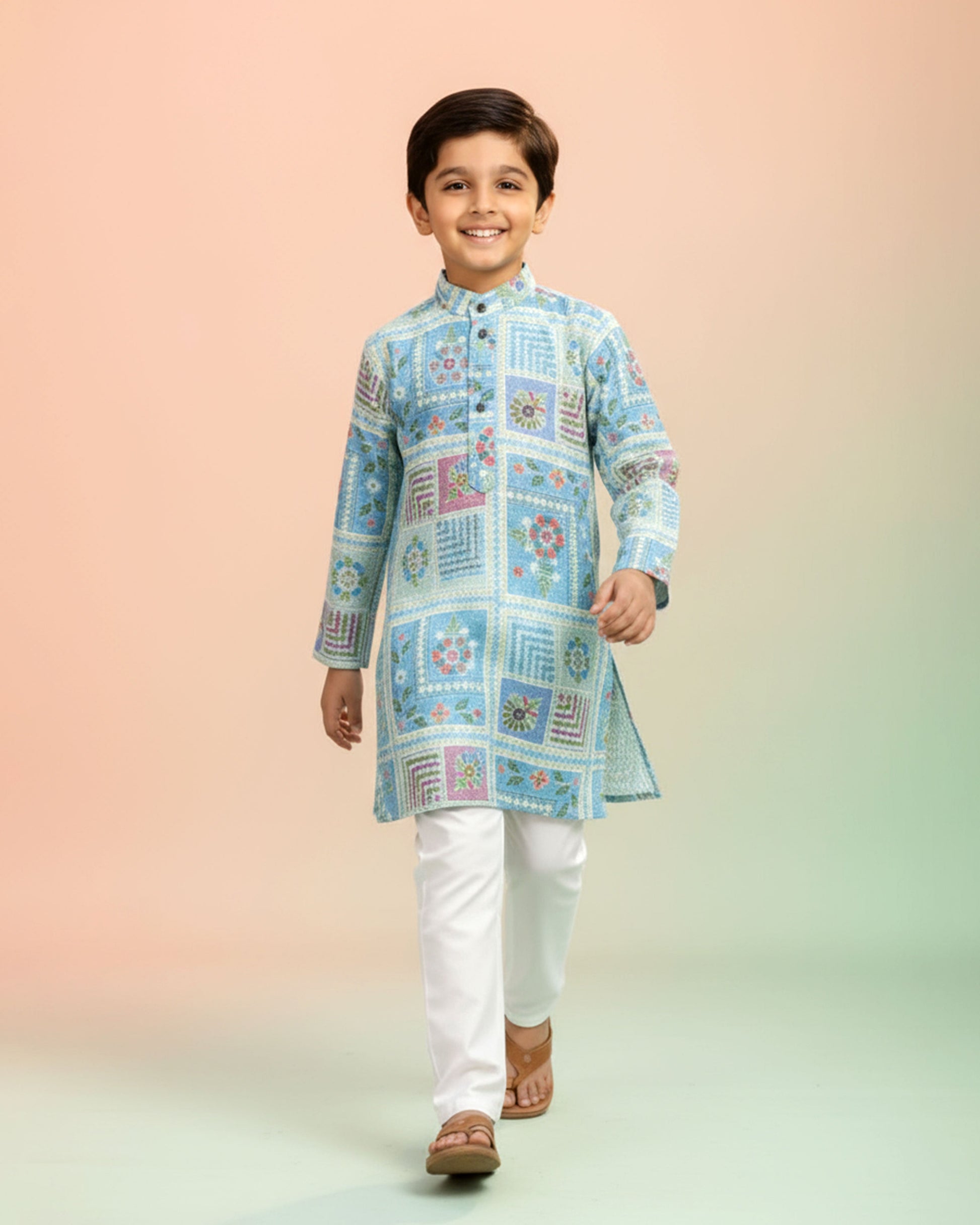 Boys green kurta adorned with traditional Bandhani-inspired patterns in red and gold., Light Green