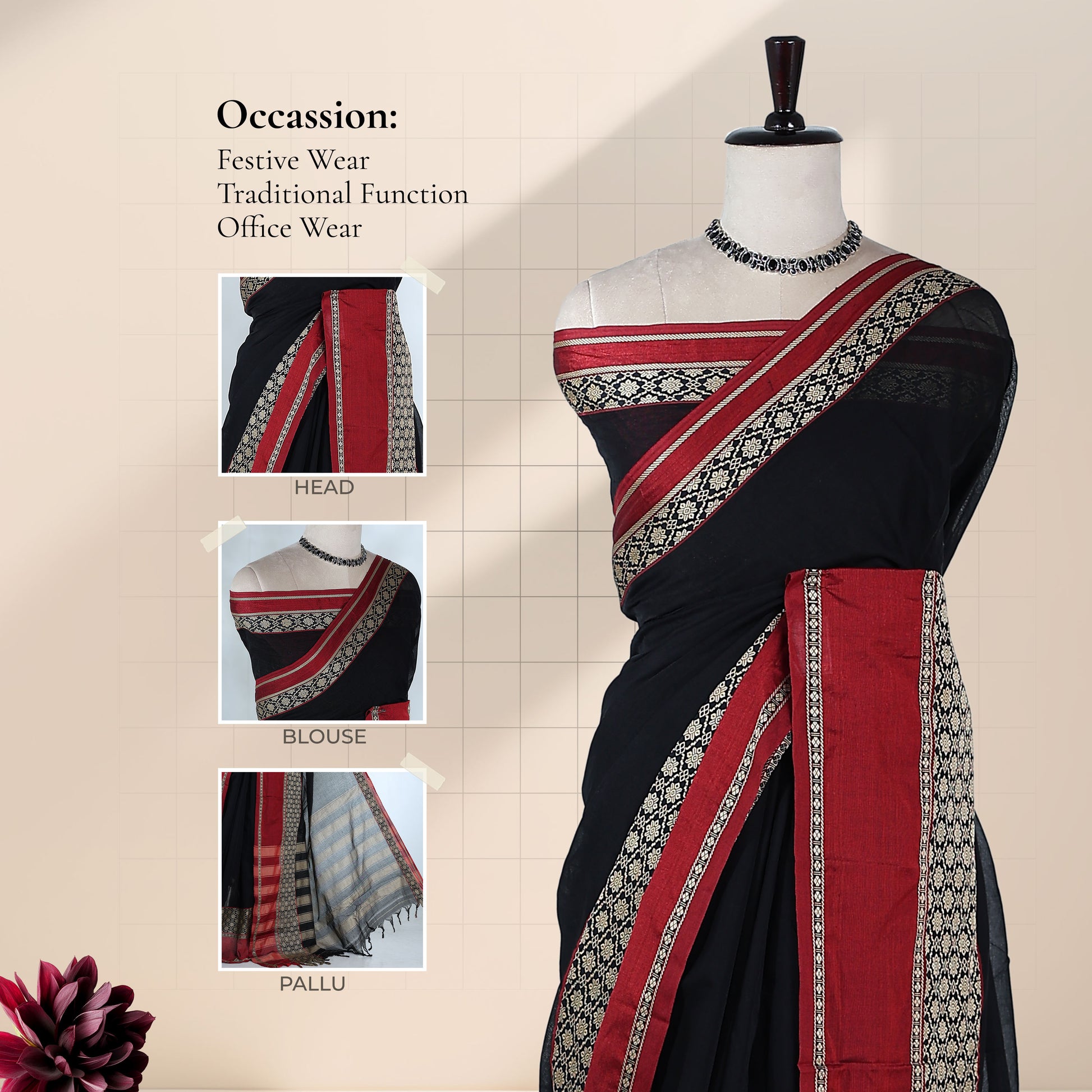 Mangalagiri Cotton Saree With Red Zari Border Designer Pallu And Running Blouse Piece For Festive And Office Wear