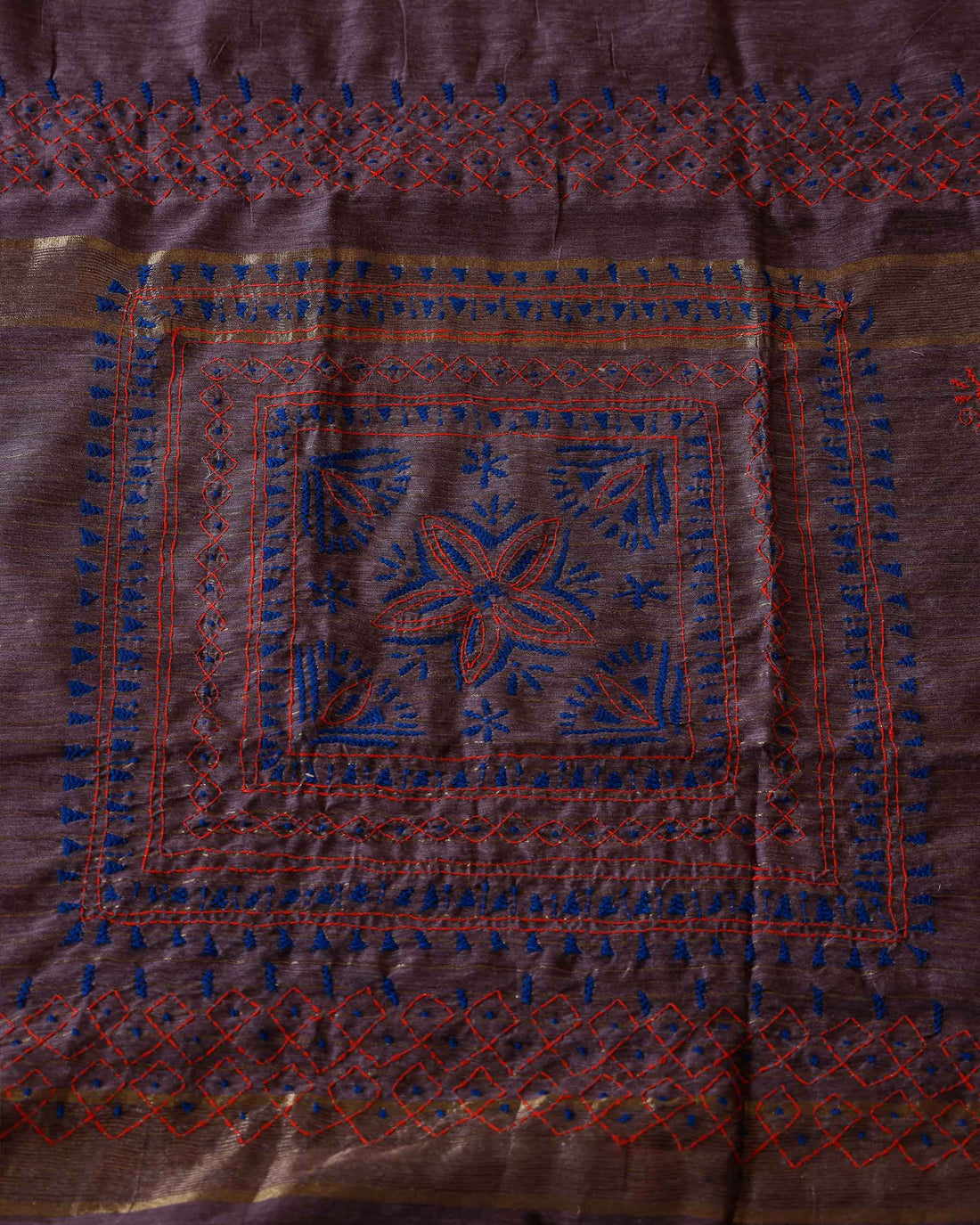 Elegant Kantha Hand Embroidered Saree with Intricate Floral Motif and Contrast Border - Dusty Purple