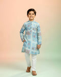 Boys green kurta adorned with traditional Bandhani-inspired patterns in red and gold., Dark Green