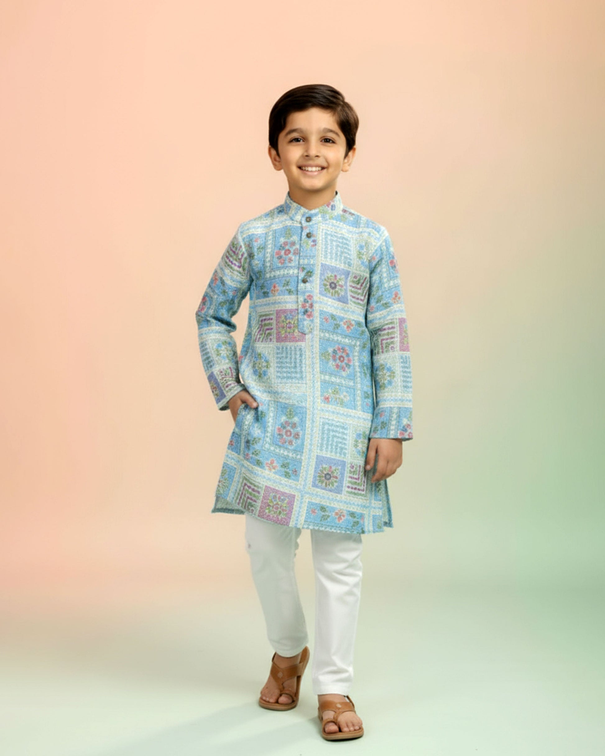 Boys green kurta adorned with traditional Bandhani-inspired patterns in red and gold., Dark Green