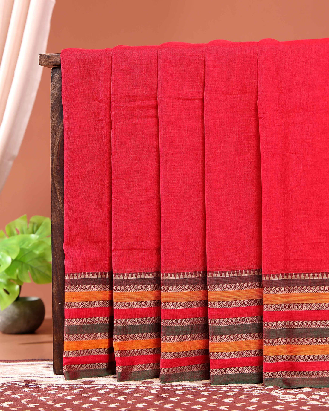 Traditional Narayanpet Cotton Saree Classic Temple Border and Striped Pallu - Red