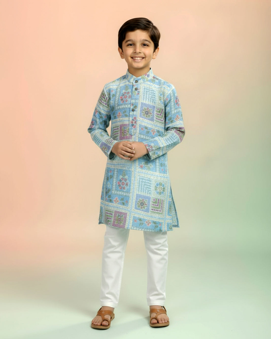 Boys Festive  Aqua Blue Kurta Set with Multicolor Geometric Floral Patch Print