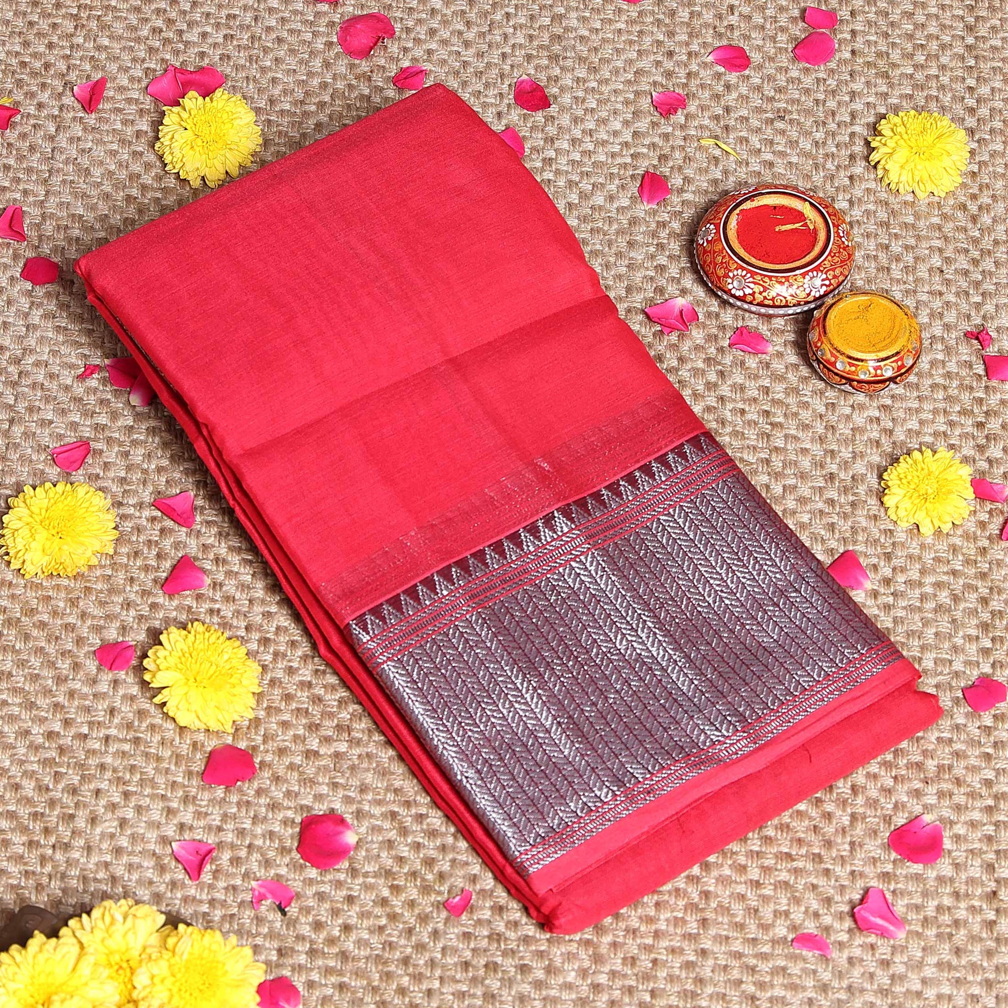 Elegant Handloom Narayanpet Cotton Saree with Traditional Woven Border - Red