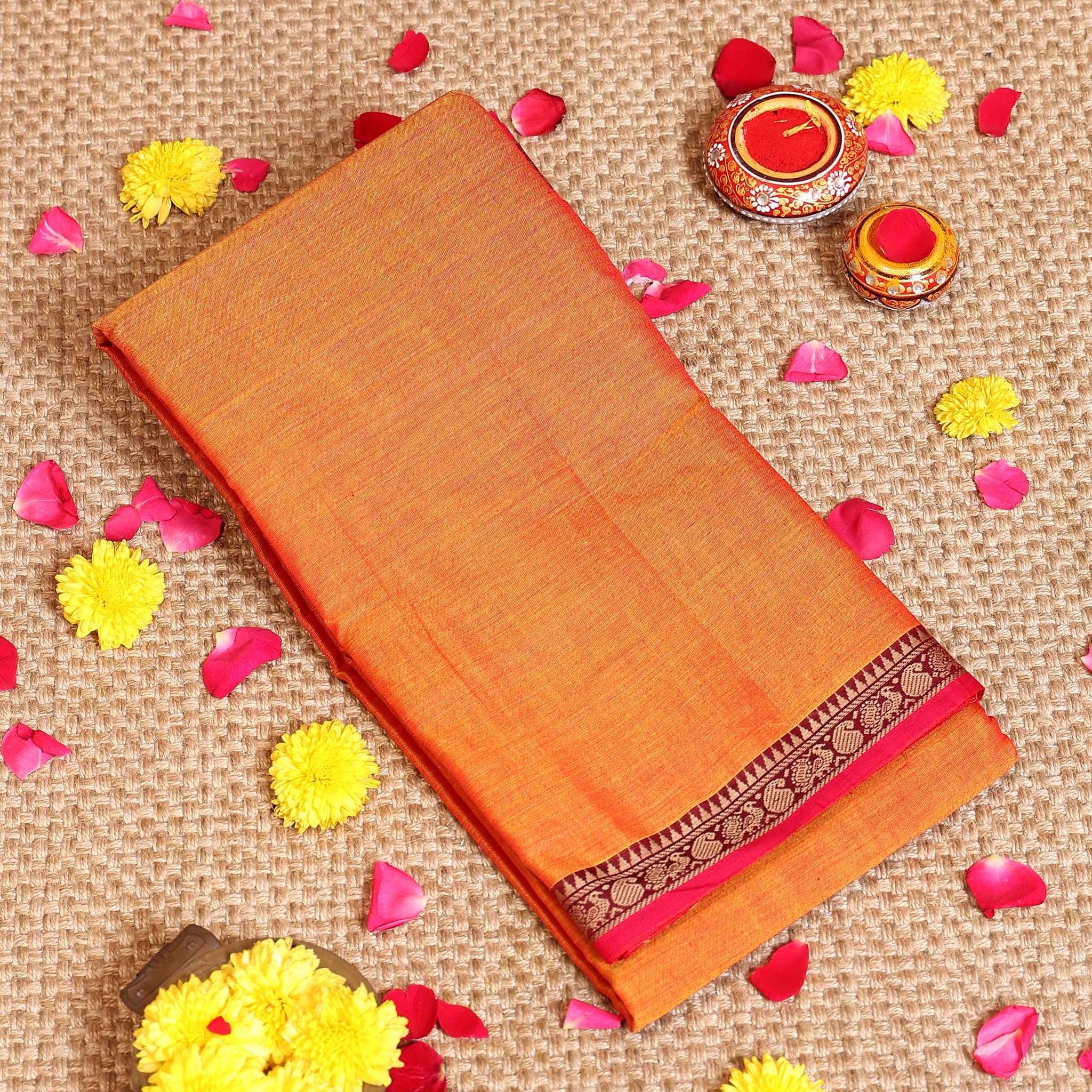 Traditional Handloom Narayanpet Cotton Saree with Traditional Temple Border Design - Orange