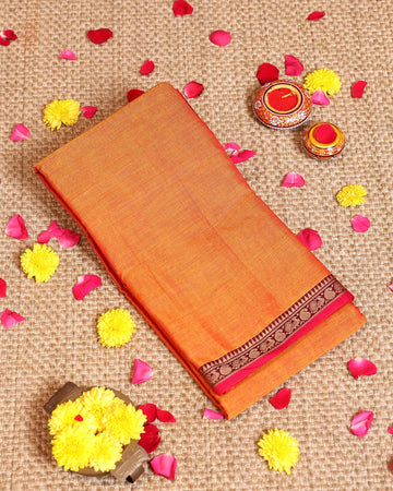 Traditional Handloom Narayanpet Cotton Saree with Traditional Temple Border Design - Orange