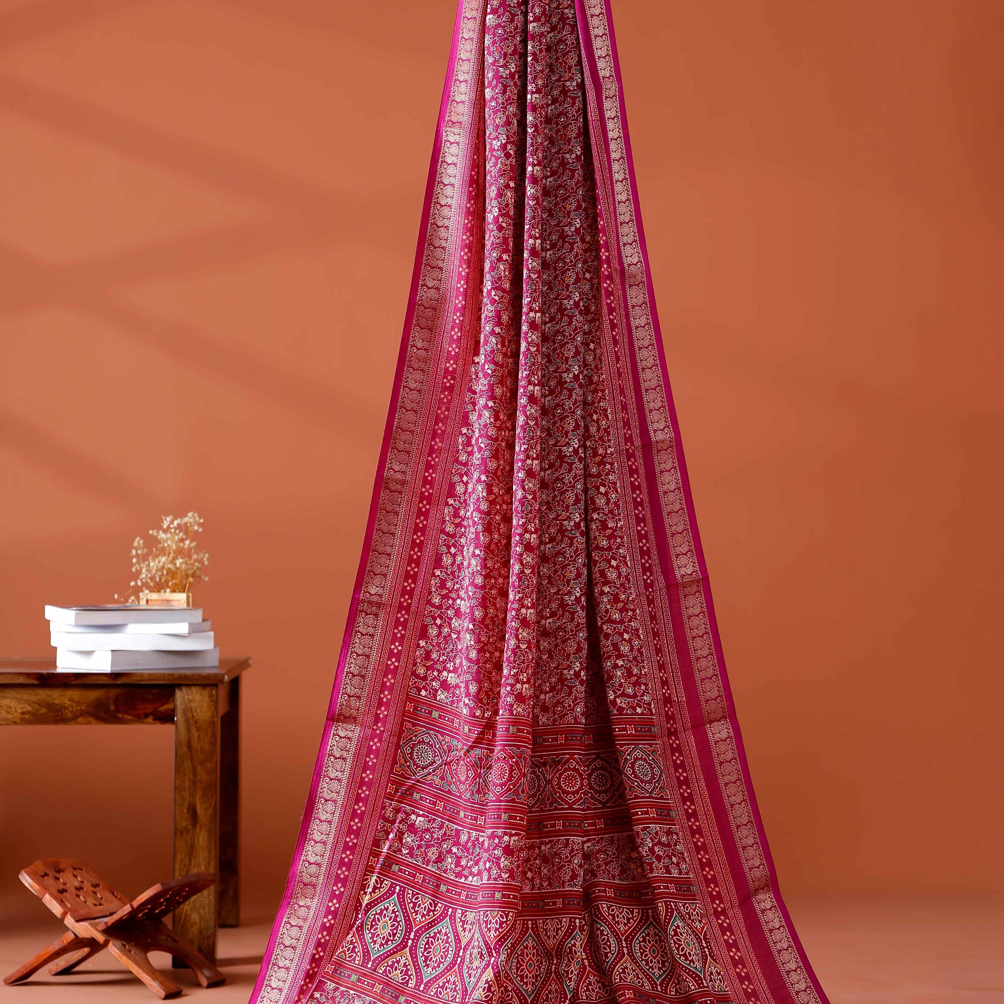 Elegance  Traditional Floral Print Art Silk Saree in Magenta & Maroon
