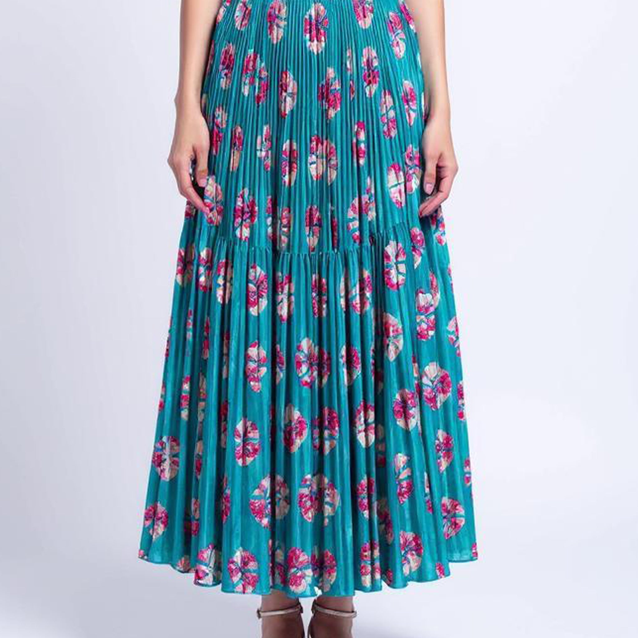 Women's Floral Pleated Skirt - Blue