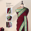 Maroon Mangalagiri Cotton Saree With Ornate Gold Zari Border And Green Contrast Edge -  Draped Front View