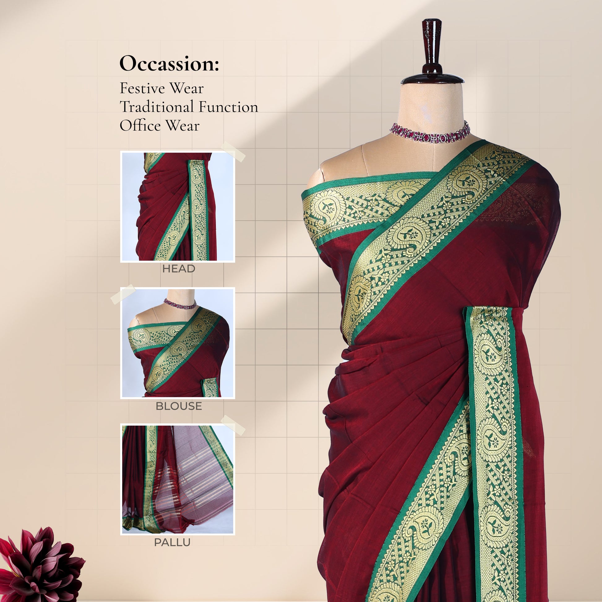 Maroon Mangalagiri Cotton Saree With Ornate Gold Zari Border And Green Contrast Edge -  Draped Front View