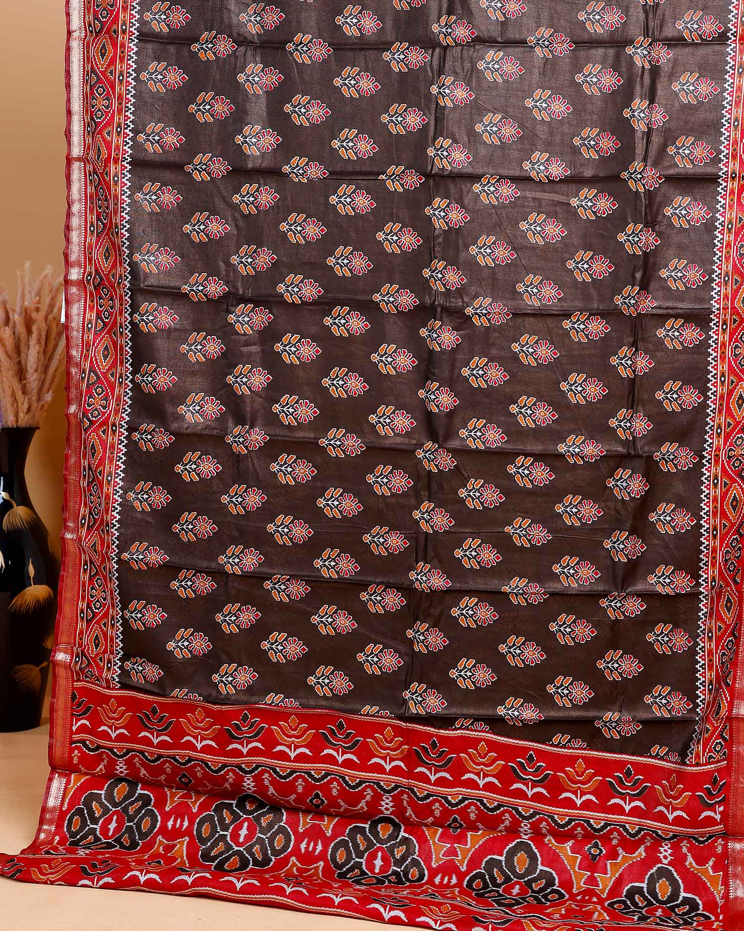 Black Patola Silk Saree with Intricate Floral Motifs