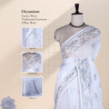 White Bengal Cotton Saree With Floral Motifs And Narrow Border, Front View On Display Mannequin