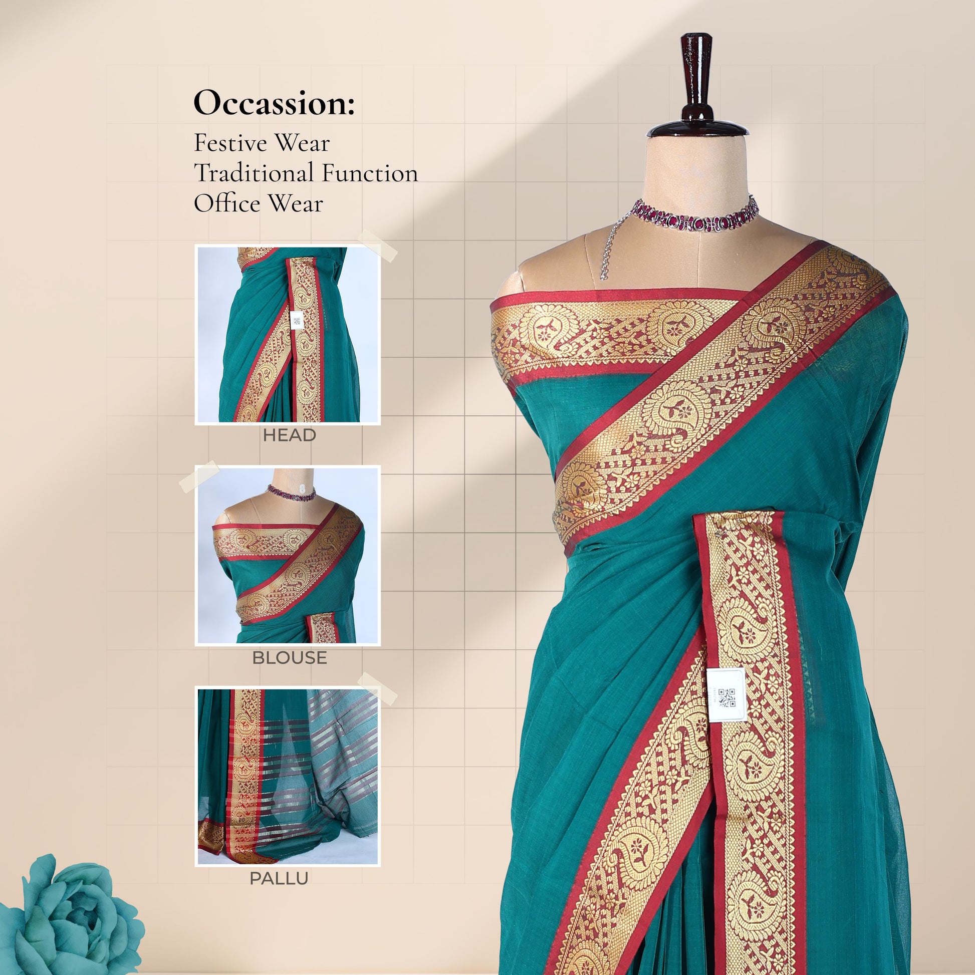 Light Teal Mangalagiri Cotton Saree With Ornate Gold Zari Border And Red Contrast Edge -  Draped Front View