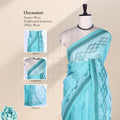 Bengal Cotton Saree With Geometric Motifs And Striped Border In Aqua Blue, Draped On Mannequin Front View With Detail Panels