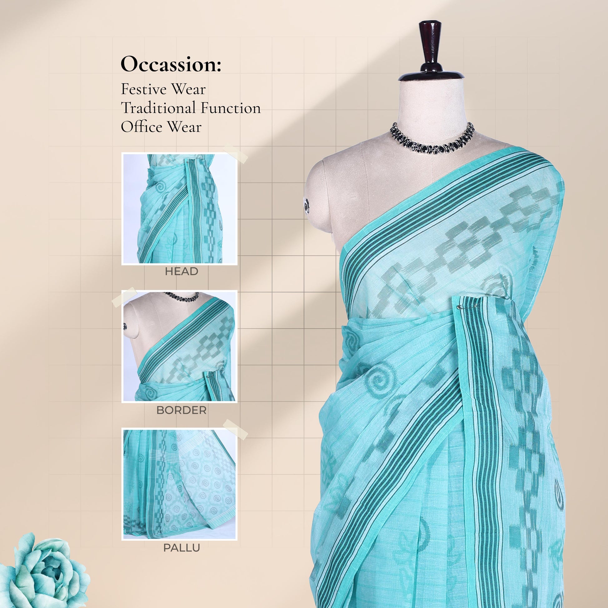 Bengal Cotton Saree With Geometric Motifs And Striped Border In Aqua Blue, Draped On Mannequin Front View With Detail Panels