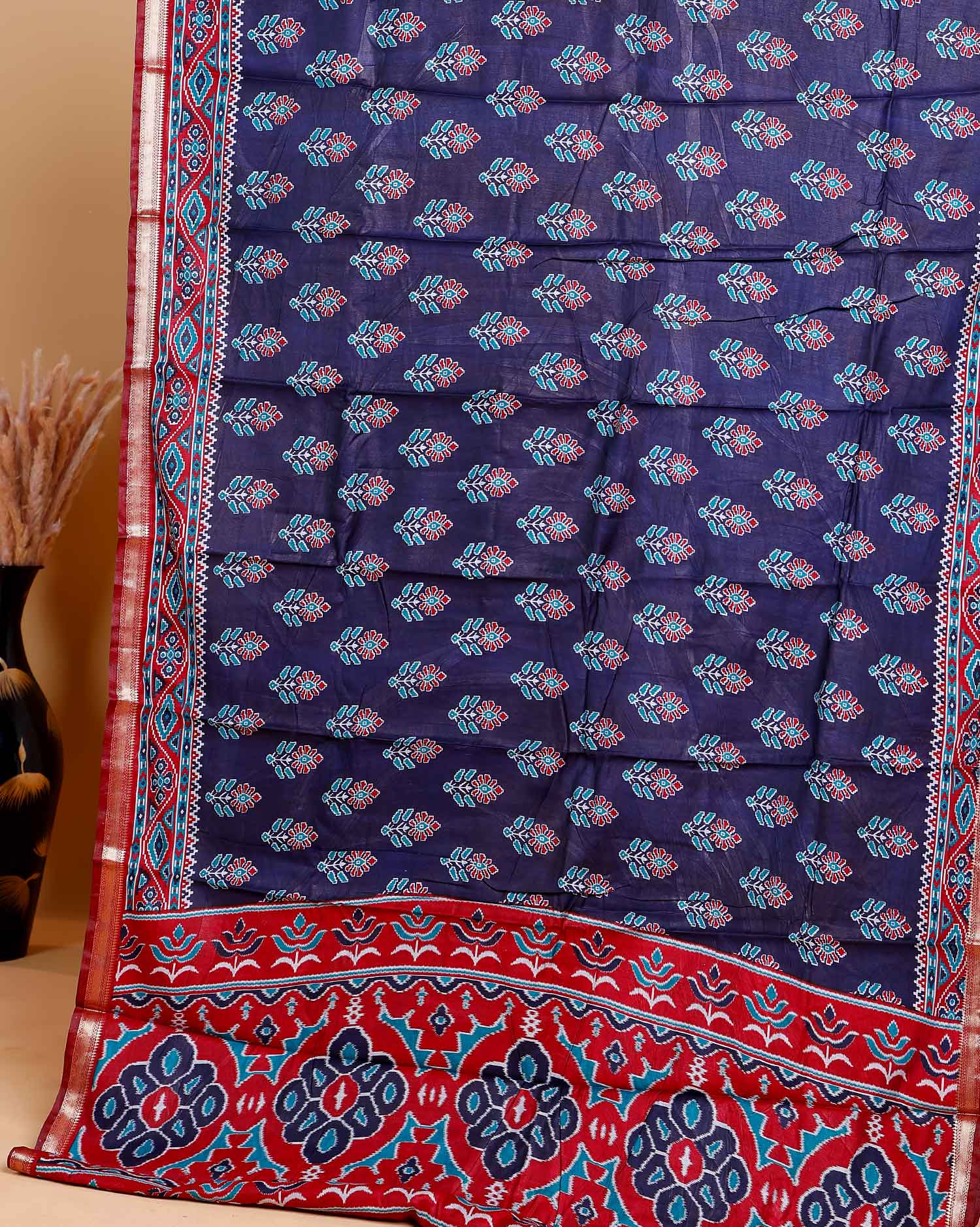 Navy Blue Patola Silk Saree with Intricate Floral Motifs