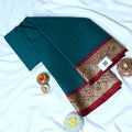 Teal Mangalagiri Cotton Saree With Gold Zari Floral Border And Red Contrast Edge -Top Folded View