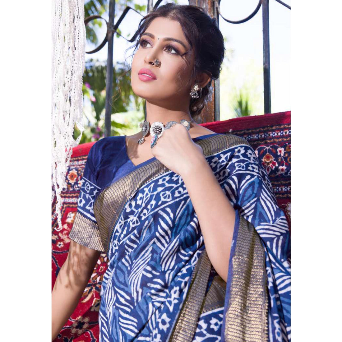 Indigo Blue Colour Printed Chanderi Cotton Saree 9
