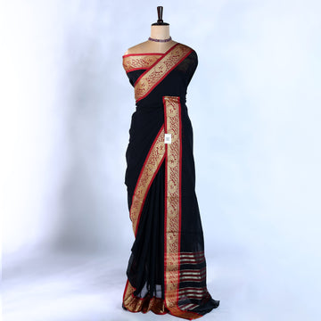 Black Mangalagiri Cotton Saree for Women | Festive Summer Collection | Jeyachandran - Full View
