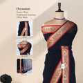 Black Mangalagiri Cotton Saree With Ornate Gold Zari Border And Red Contrast Edge -  Draped Front View