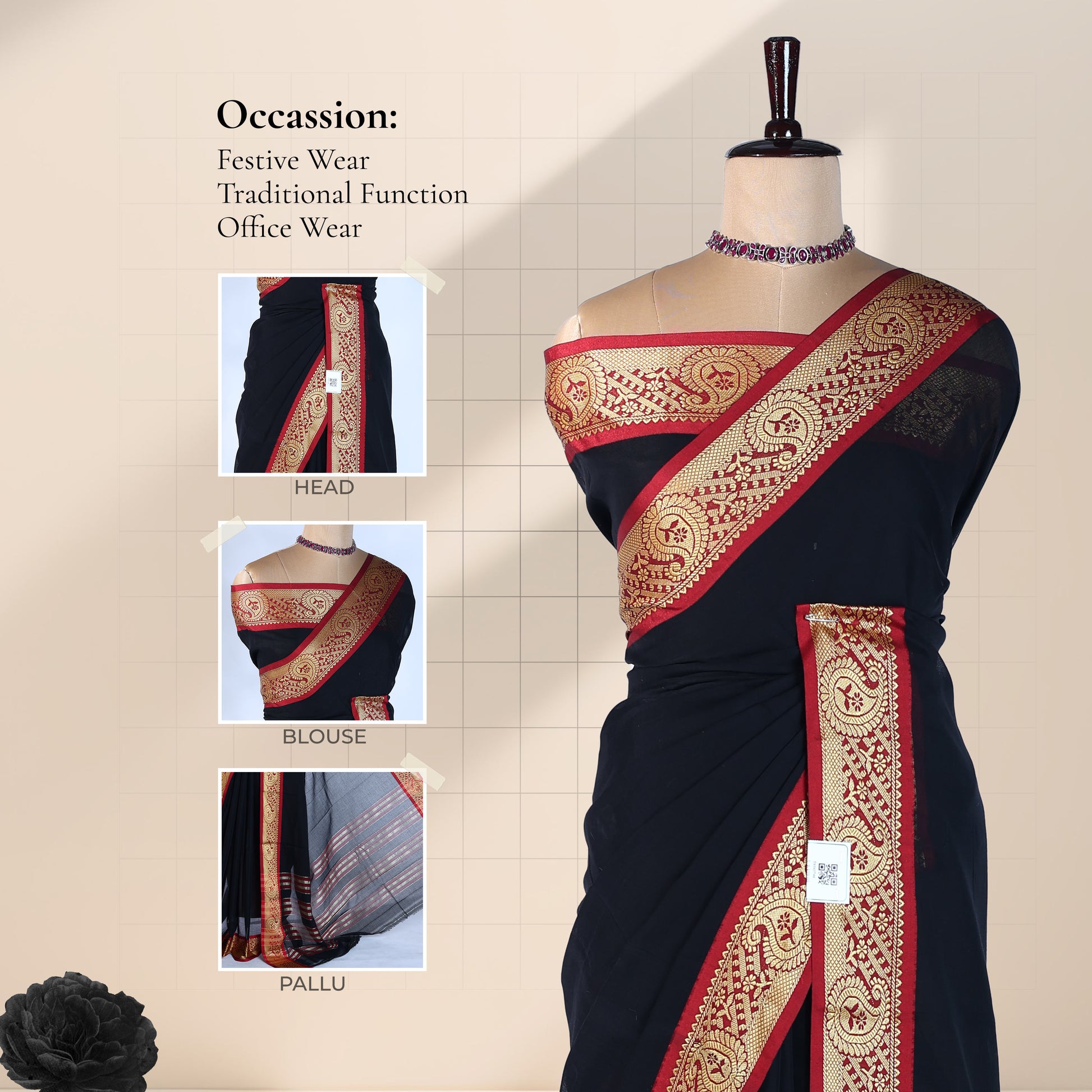 Black Mangalagiri Cotton Saree With Ornate Gold Zari Border And Red Contrast Edge -  Draped Front View