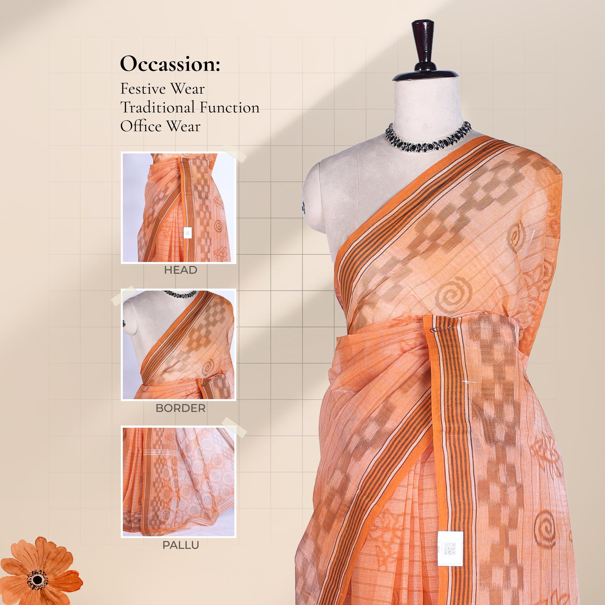 Bengal Cotton Saree With Geometric Motifs And Striped Border In Orange Draped On Mannequin Front View With Detail Panels.