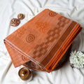 Bengal Cotton Saree With Geometric Motifs And Striped Border In Orange Draped On Mannequin Front View With Detail Panels