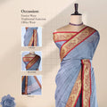 Grey Mangalagiri Cotton Saree With Ornate Gold Zari Border And Red Contrast Edge -  Draped Front View