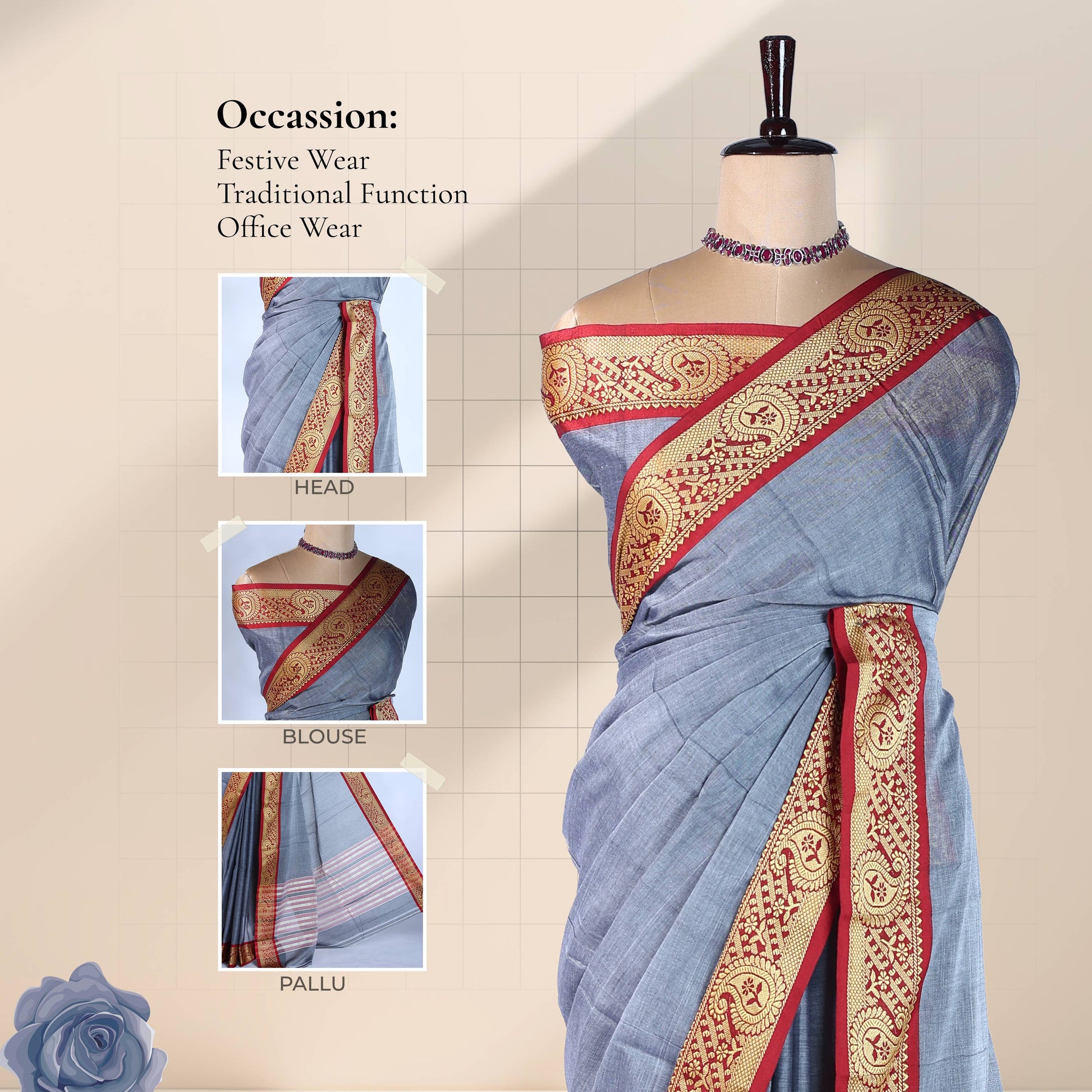 Grey Mangalagiri Cotton Saree With Ornate Gold Zari Border And Red Contrast Edge -  Draped Front View